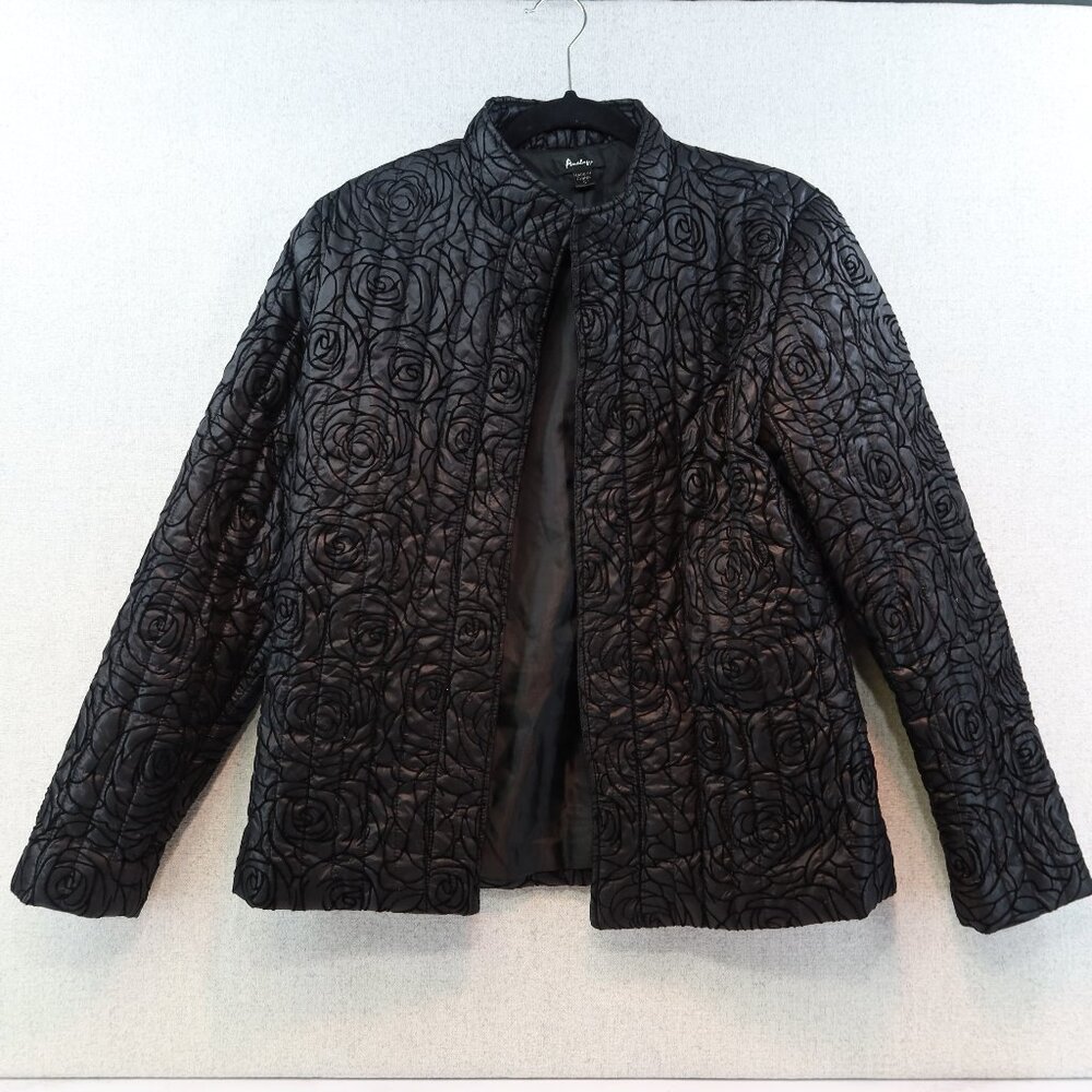 ANALOGY Black Rose Quilted Puffer Black Open Jacket, Sz S